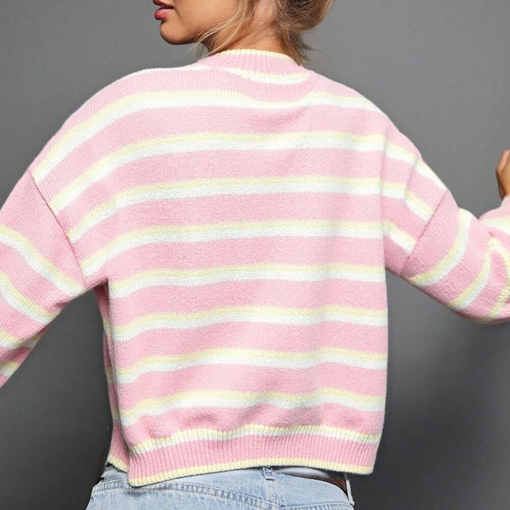 Pink Chic Women's Striped Crewneck Cardigan - Picture 2 of 8